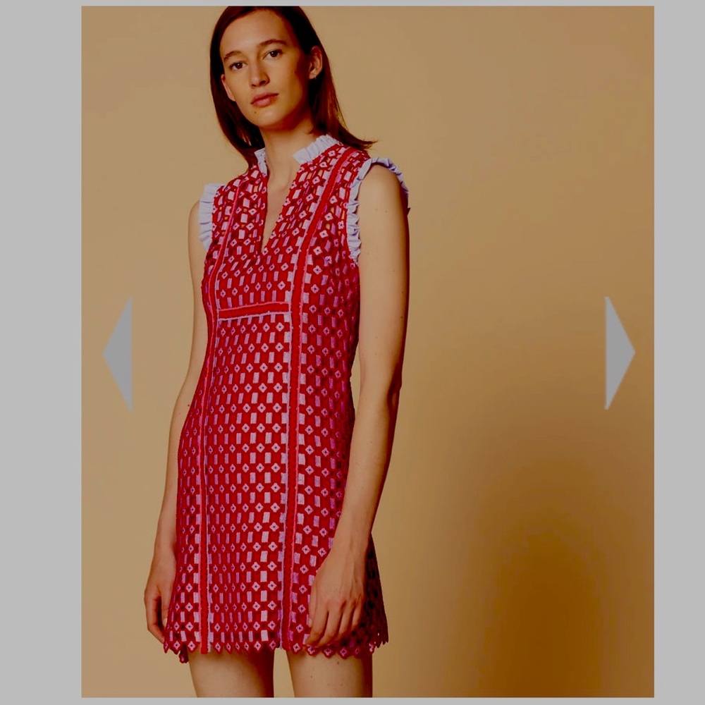 SANDRO PARIS TWO-TONE LACE DRESS RED EUC 6 / 38 MUST SEE